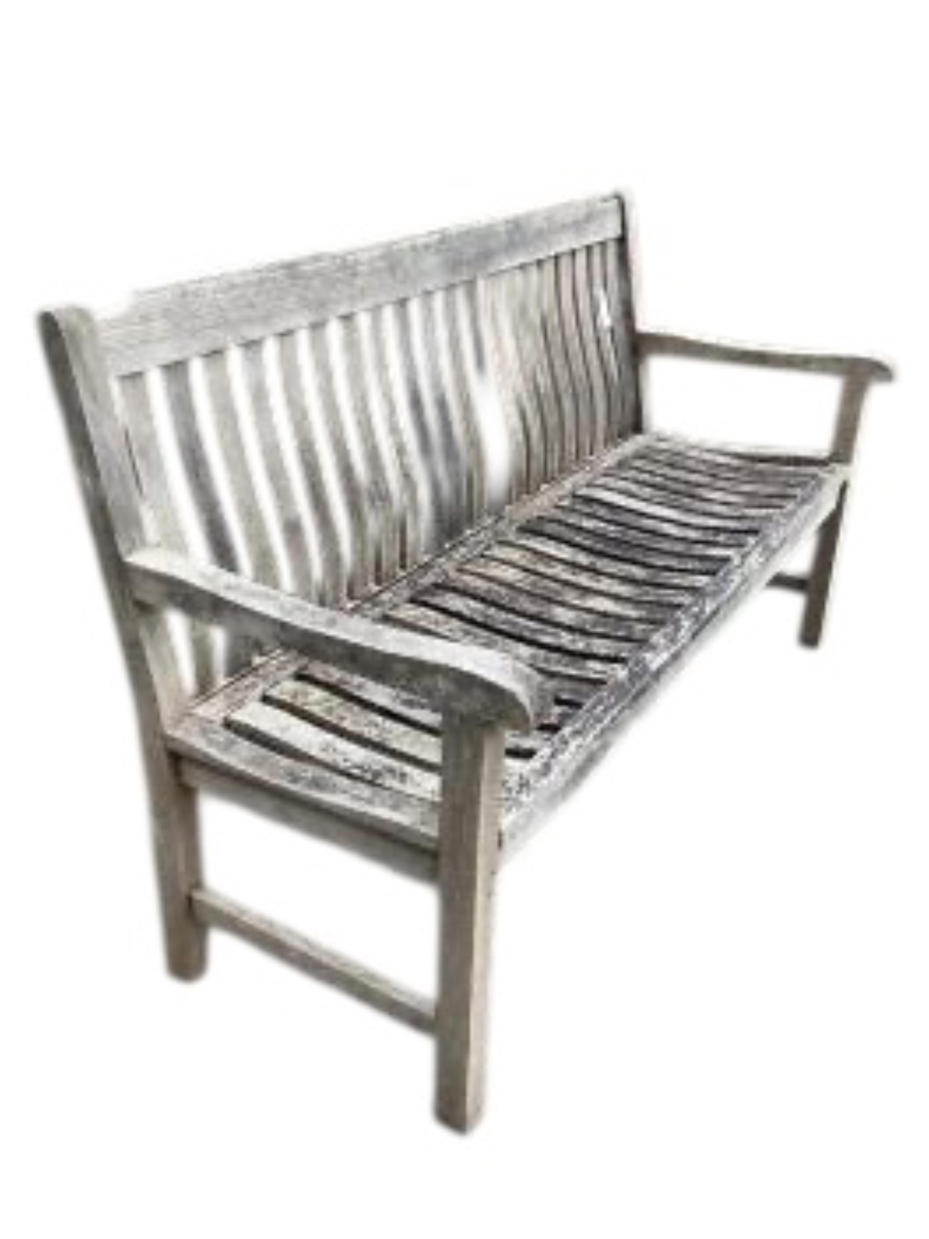 A weathered teak slatted garden bench by Neptune,width 154cm, depth 58cm, height 92cm